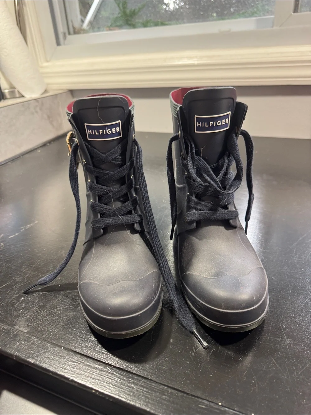Tommy Hilfiger Black Lace-Up Ankle Rain Boots with Buckle